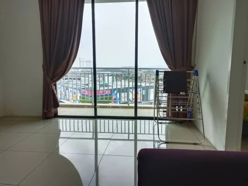 Living features: floor-to-ceiling windows, sliding glass door, curtains in brown, polished tile flooring, balcony view, wall-mounted TV, sofa in purple, clothes drying rack; style: modern; view: city.