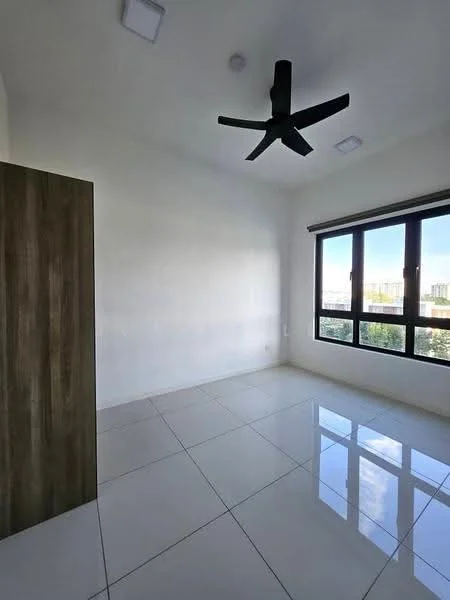 Bedroom features: white painted walls, glossy tile flooring, 5-blade ceiling fan, large windows with black frames, curtains, built-in wardrobe with wood finish, natural light from windows; style: modern; view: city.