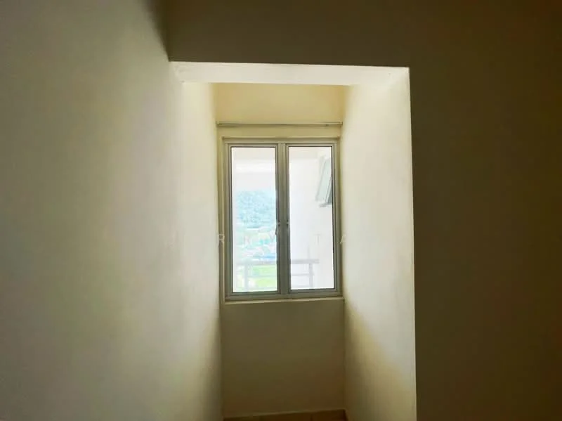 Room features: white painted walls, window with two casement panes, view of greenery outside, tile flooring; view: garden.