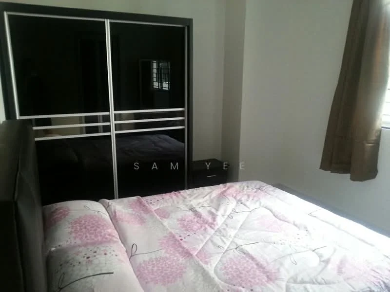 Bedroom features: queen-size bed with floral bedding, black upholstered headboard, built-in wardrobe with mirrored doors, nightstand, curtains, window with natural light, light-colored walls, carpeted flooring; style: modern.