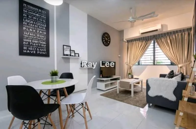 Living features: white painted walls, grey accent wall, polished ceramic tile flooring, 5-blade ceiling fan, wall-mounted TV, white TV console, black sofa, area rug with geometric pattern, round dining table with white top, 4 dining chairs in black and white, decorative wall clock, curtains with sheer and blackout layers; style: modern; view: city.