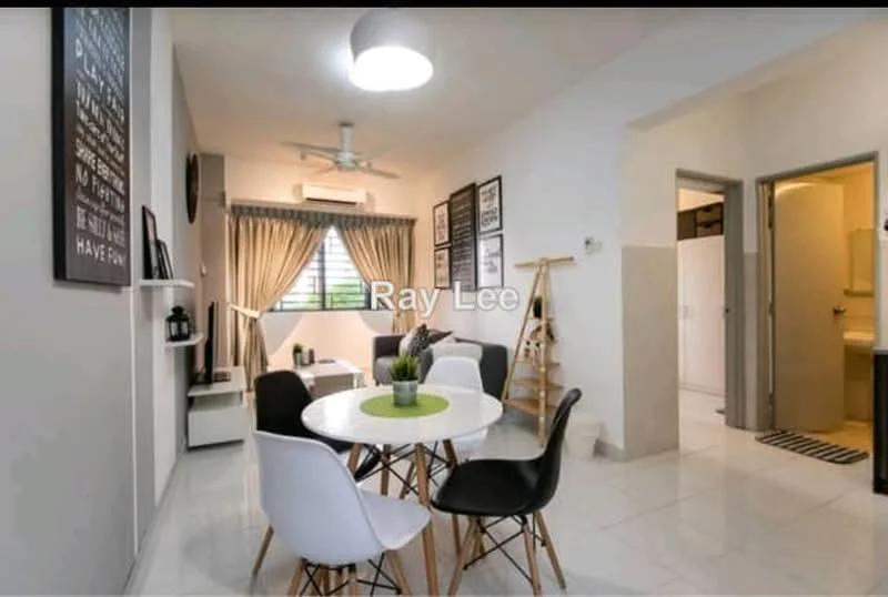 Living features: white painted walls, glossy tile flooring, 5-blade ceiling fan with light, round dining table, 4 upholstered dining chairs in black and white, wall-mounted TV, shelving unit, curtains, decorative wall art, window with grid pattern, indoor plant; style: modern. Room features: doorway leading to bathroom, doorway leading to utility area.