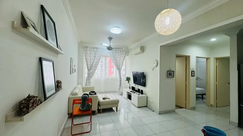 Living features: white painted walls, glossy tile flooring, 5-blade ceiling fan with light, recessed ceiling lights, sofa in cream fabric, coffee table, TV console, wall-mounted TV, decorative wall shelves, sheer curtains, area rug, decorative artwork; style: modern; view: city. Room features: doorway leading to other rooms, light switch, wall clock.