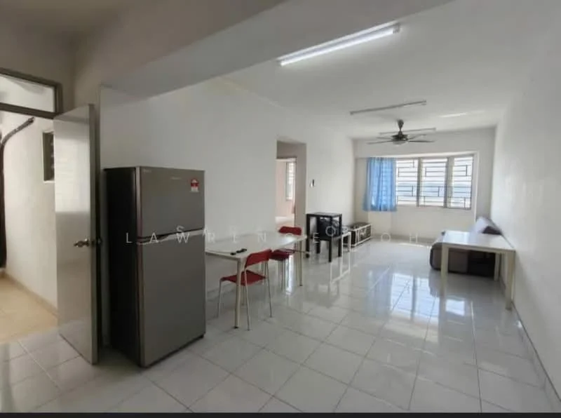 Living features: white painted walls, glossy white tile flooring, 5-blade ceiling fan with light, large window with blue curtains, sofa, coffee table, TV console, wall-mounted TV, dining table with 4 red chairs, stainless-steel fridge; style: modern.