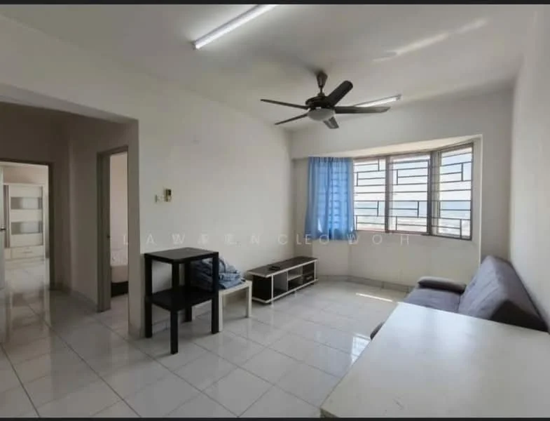 Living features: white painted walls, glossy white tile flooring, 5-blade ceiling fan with light, large bay windows, blue sheer curtains, brown fabric sofa, black coffee table, white dining table, open shelving unit, natural light from windows; style: modern; view: city. Room features: white painted walls, glossy white tile flooring.