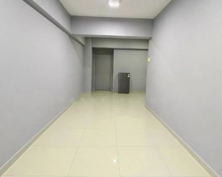 Room features: grey painted walls, glossy beige tile flooring, single door, refrigerator, ceiling light.