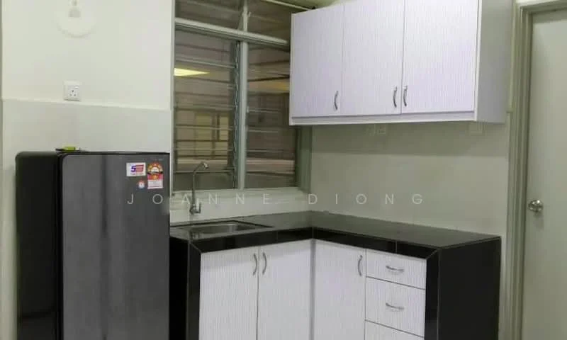 Kitchen features: black granite countertop, white laminate upper cabinets, black laminate lower cabinets, stainless-steel fridge, single-bowl stainless-steel sink, chrome pull-down faucet, window with metal grille, tile backsplash, wall-mounted cabinet, kitchen corner layout; style: modern.