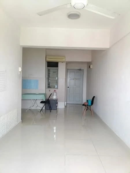 Room features: white painted walls, glossy tile flooring, ceiling fan, window with blinds, door with handle, small table, chair, light fixture in ceiling; style: minimalist.