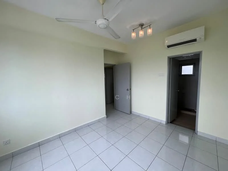 Room features: white painted walls, glossy ceramic tile flooring, 5-blade ceiling fan with light, recessed ceiling lights, wall-mounted split AC, doorway leading to another room, window with natural light, neutral color scheme; style: modern.