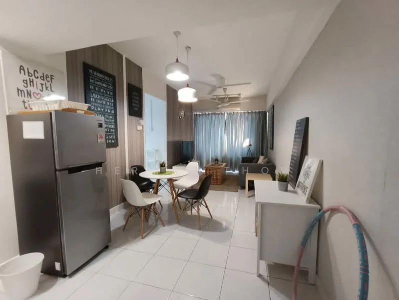 Kitchen features: stainless-steel fridge, white cabinetry, white tiled flooring, pendant lighting, ceiling fan, open layout, dining table with chairs, decorative wall art; style: modern. Living features: sofa, coffee table, floor-to-ceiling windows with sheer curtains, decorative wall art, area rug, TV console, wall-mounted TV; style: modern.