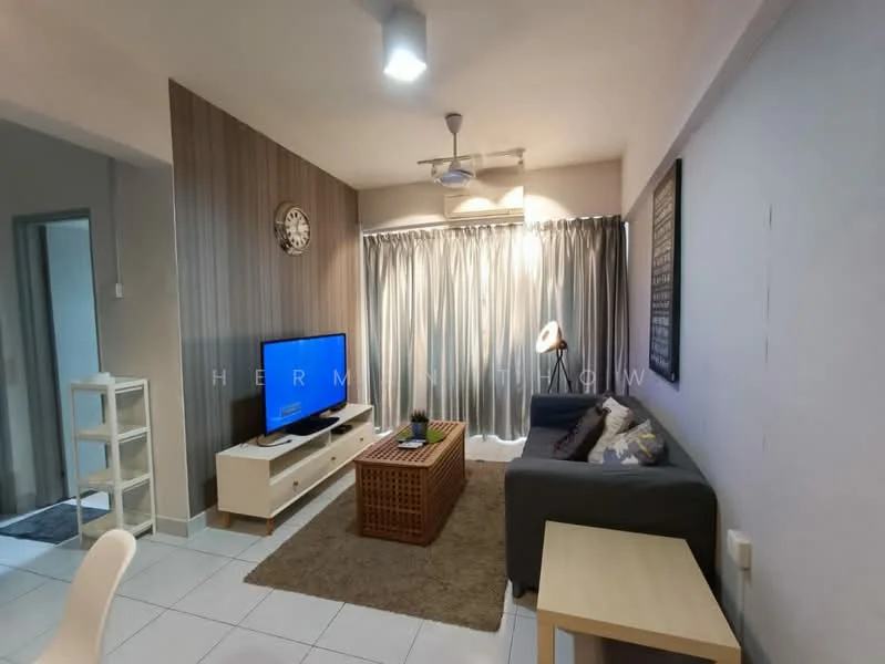 Living features: grey fabric sofa, wood coffee table, TV console, wall-mounted TV, area rug, 5-blade ceiling fan with light, recessed downlights, floor-to-ceiling curtains, decorative wall clock, framed artwork, white tiled flooring, wood accent wall; style: modern.