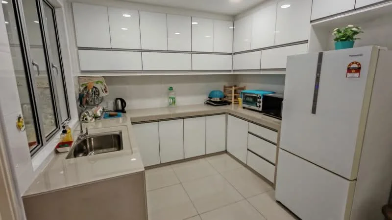 Kitchen features: white glossy cabinetry, grey countertop, single-bowl stainless-steel sink, chrome faucet, built-in microwave, freestanding fridge, ceramic tile flooring, recessed LED downlights, window with white frame, kettle, toaster, open shelving; style: modern.