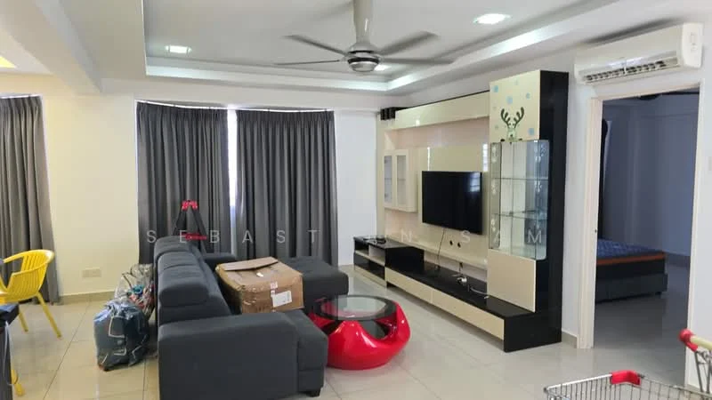 Living features: 3-seater fabric sofa in grey, red coffee table, TV console with wall-mounted TV, ceiling fan with light, floor-to-ceiling windows with grey curtains, light-colored walls, tile flooring, decorative wall with reindeer design, air conditioning unit, open shelving unit; style: modern.