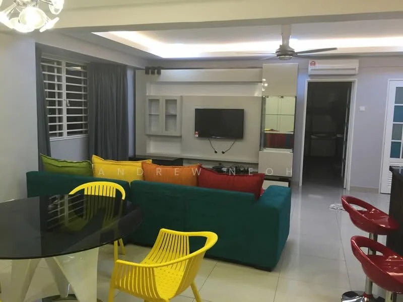 Living features: 3-seater fabric sofa in teal, colorful accent cushions, wall-mounted TV, TV console, ceiling fan, recessed LED downlights, large windows with sheer curtains, grey painted walls, white ceiling, tile flooring, decorative wall unit; style: modern. Dining features: round dining table with black glass top, yellow plastic dining chair, red bar stools, open layout to living area; style: modern.