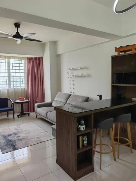 Living features: 3-seater fabric sofa in light grey, coffee table, area rug with geometric pattern, floor-to-ceiling windows, sheer curtains, ceiling fan with light, wall-mounted decor, decorative fruit bowl, wooden side table, TV console, open shelving unit; style: modern. Kitchen features: kitchen island with bar stools, dark wood cabinetry, black countertop, built-in microwave, refrigerator, open shelving, decorative items on shelves; style: modern.