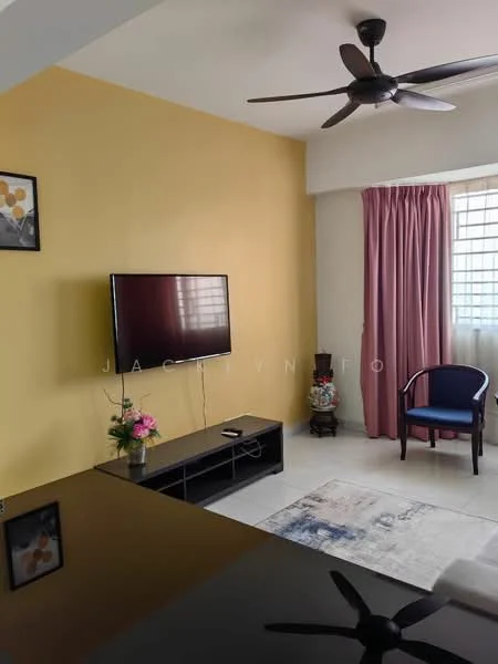 Living features: yellow painted walls, white ceiling, 5-blade ceiling fan, wall-mounted TV, black TV console, decorative flower arrangement, area rug with abstract pattern, curtains in pink, single upholstered chair; style: modern.