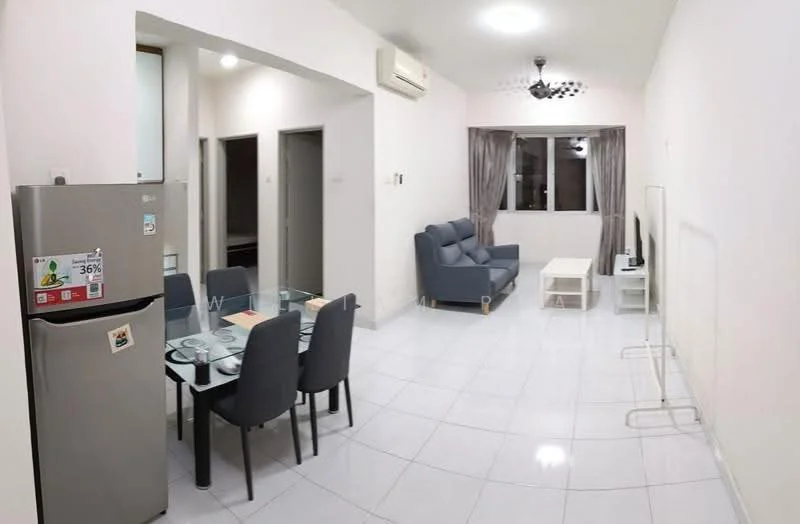 Living features: grey fabric sofa, white coffee table, wall-mounted TV, dining table with glass top, 4 dining chairs, refrigerator, white tiled flooring, air conditioning unit, curtains, ceiling light fixture; style: modern.
