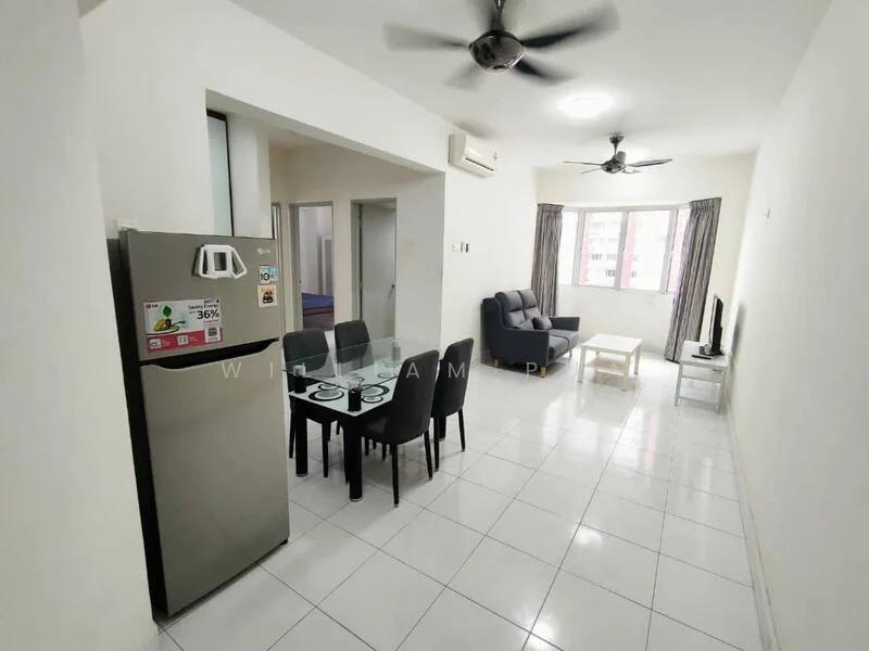 Living features: white painted walls, glossy white tile flooring, 5-blade ceiling fan, recessed downlights, sofa in dark grey, coffee table in white, TV console, wall-mounted TV, dining table for 4 with black chairs, floor-to-ceiling windows with sheer curtains, air conditioning unit; style: modern; view: city. Kitchen features: stainless-steel fridge, open layout, kitchen counter, tile backsplash; style: modern.