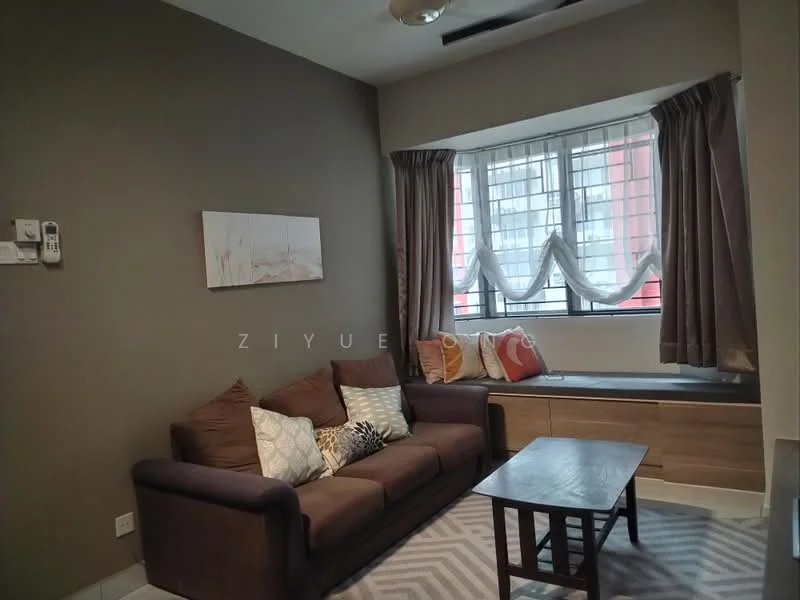 Living features: 3-seater fabric sofa in brown, decorative cushions in various colors, wooden coffee table, area rug with geometric pattern, floor-to-ceiling windows, sheer curtains, grey painted walls, wall-mounted artwork, built-in wooden storage unit; style: modern.