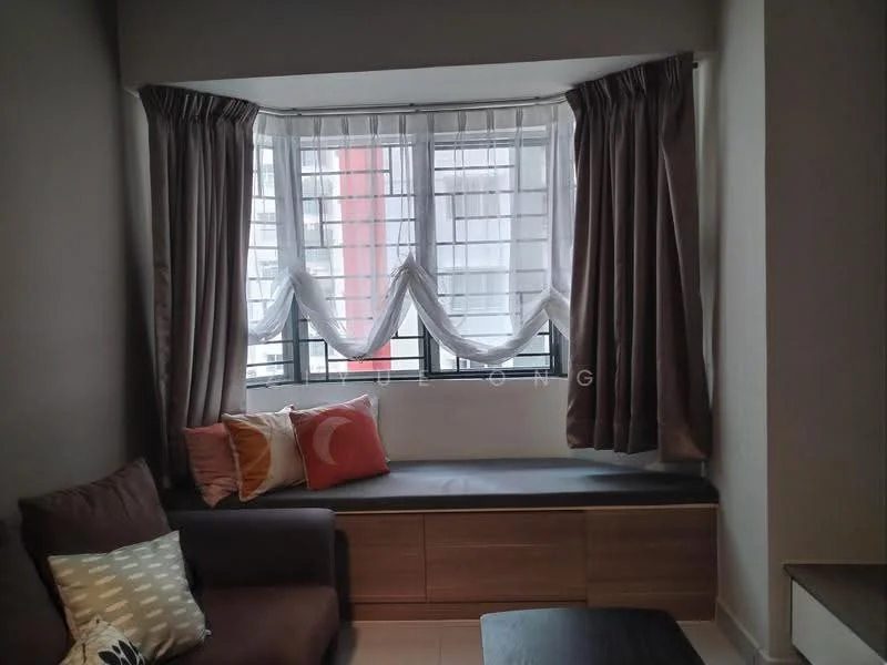 Living features: window seat with cushion, floor-to-ceiling windows, sheer curtains, blackout curtains, brown fabric sofa, decorative throw pillows, wooden storage unit, light-colored tiled flooring, neutral wall color; style: modern; view: city.