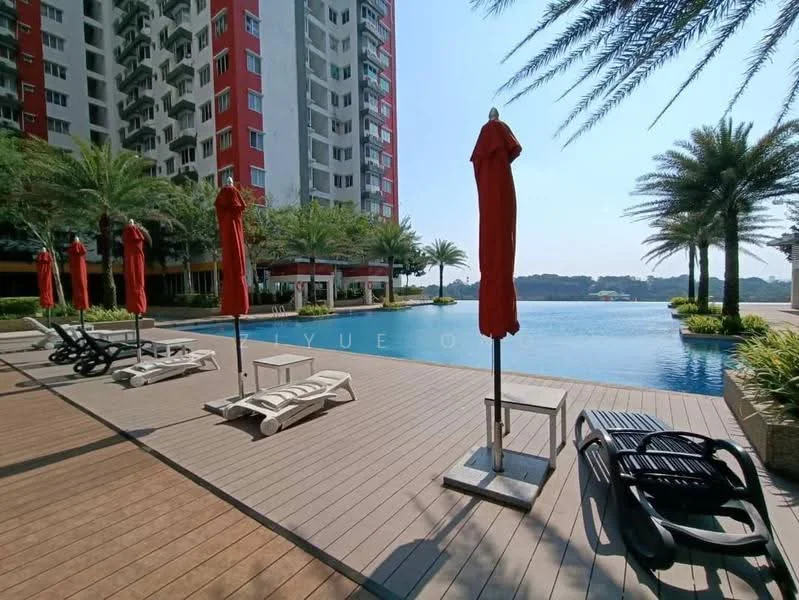 Exterior type: high-rise condominium; features: infinity pool, pool deck with loungers, palm trees, manicured landscaping, red umbrellas, wooden decking, surrounding greenery; style: modern.