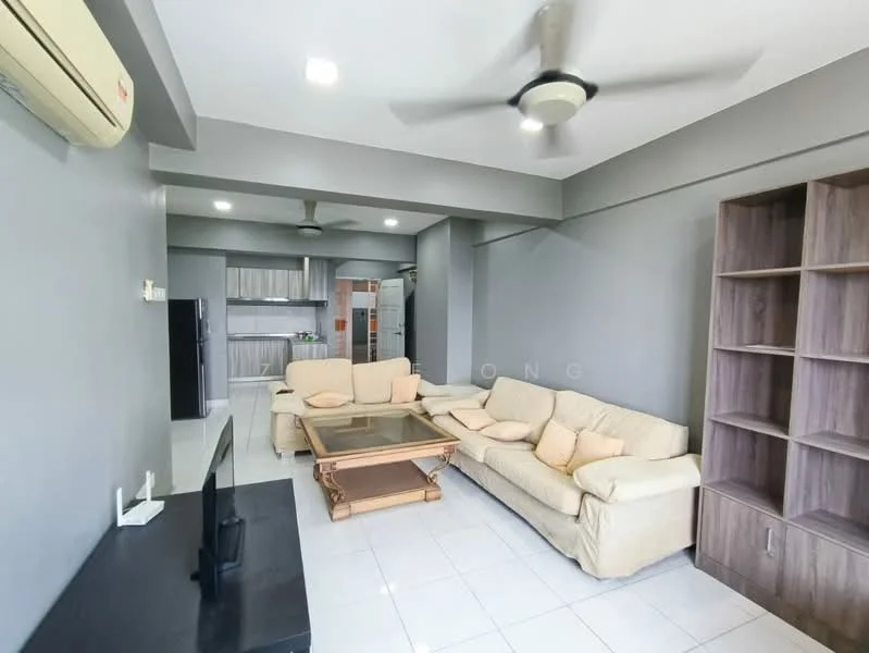 Living features: 3-seater fabric sofa in beige, coffee table with wooden base, wall-mounted TV, built-in shelving unit, white tiled flooring, grey painted walls, ceiling fan, 1 wall-mounted split AC, recessed downlights; style: modern. Kitchen features: open-plan layout, kitchen cabinetry, stainless-steel fridge, grey backsplash, countertop, kitchen island, tile flooring; style: modern.