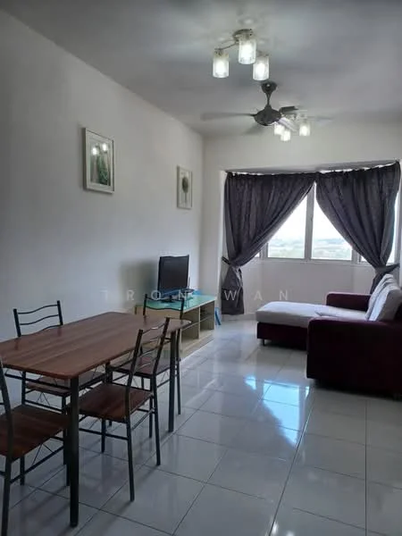 Living features: white painted walls, glossy ceramic tile flooring, 5-blade ceiling fan with light, sofa in red fabric, coffee table, TV console, wall-mounted TV, floor-to-ceiling windows with sheer curtains, dining table with 4 chairs, decorative artwork on walls; style: modern; view: city.