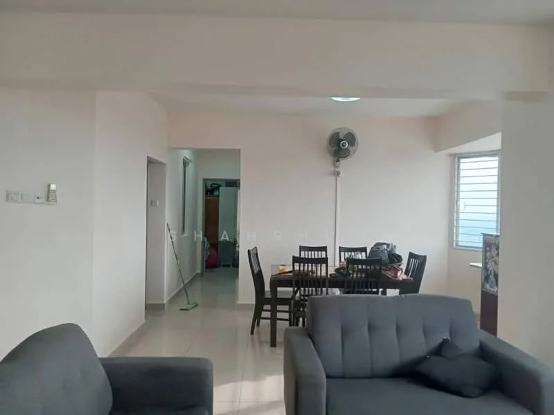 Living features: grey fabric sofa, 4-seater dining table, black dining chairs, white painted walls, tile flooring, ceiling fan, window with horizontal slats, light source from ceiling, cleaning mop visible, doorway leading to another room; style: modern; view: city.
