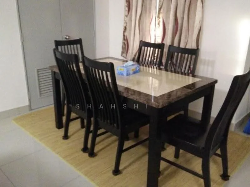 Dining features: 6-seater dining table with marble top, black wooden dining chairs, light-colored flooring, decorative curtains with pattern, wall-mounted storage cabinet, neutral wall color, floor tiles, tabletop decoration; style: modern.