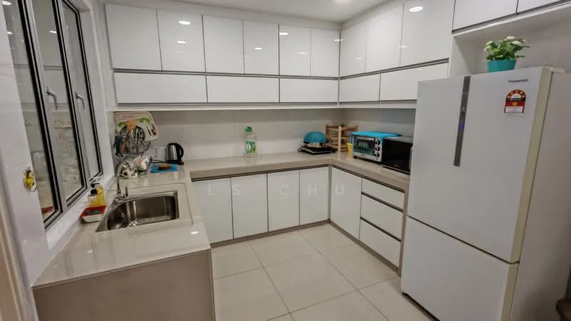 Kitchen features: white shaker cabinets, grey countertop, single-bowl stainless-steel sink, chrome pull-down faucet, built-in microwave, stainless-steel fridge, ceramic tile flooring, recessed downlights, window with white frame, kettle, toaster, open shelving; style: modern.