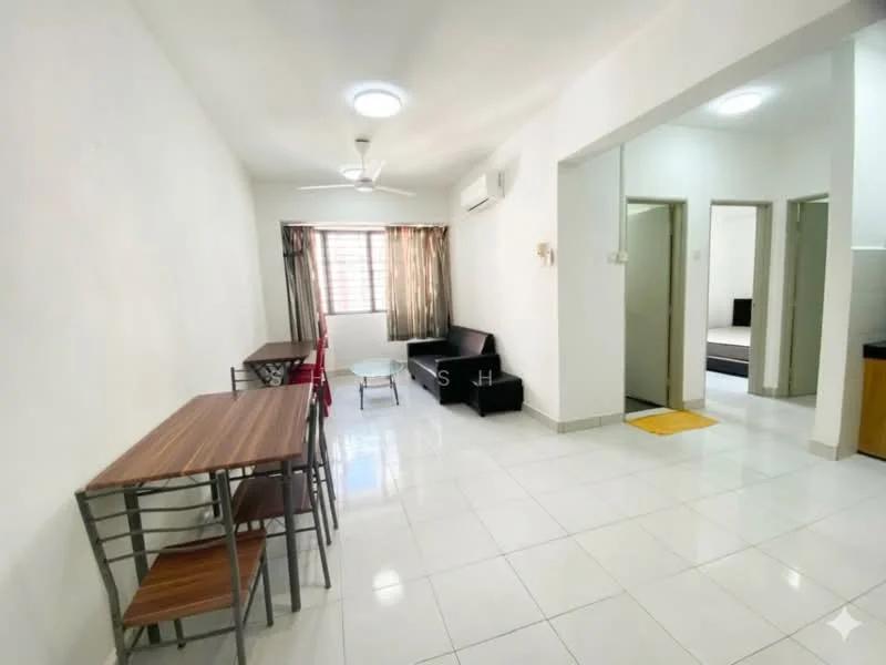 Living features: white painted walls, glossy white tile flooring, 5-blade ceiling fan with light, recessed downlights, floor-to-ceiling window with sheer curtains, dining table with four chairs, sofa, wall-mounted air conditioning unit; style: modern. Room features: white painted walls, glossy white tile flooring, doorway leading to other rooms.