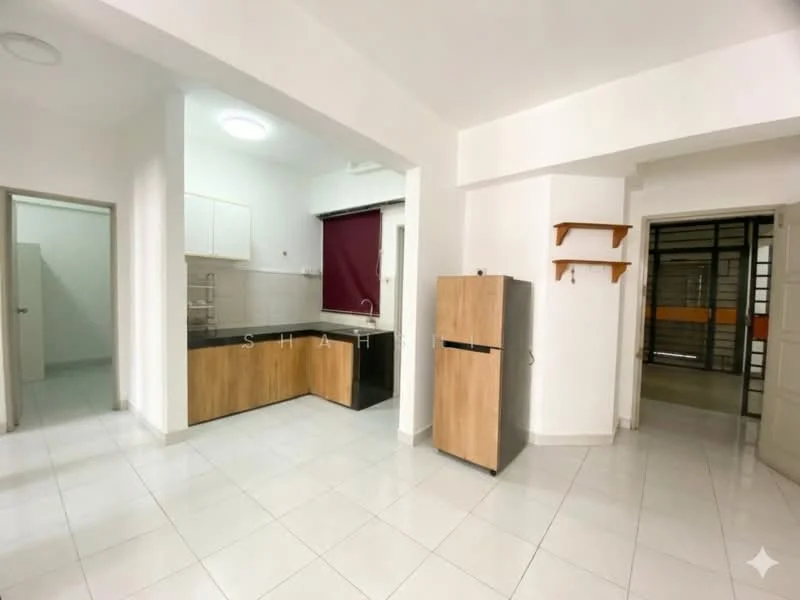 Kitchen features: white painted walls, tile flooring, black countertop, wood cabinetry, stainless-steel fridge, single-bowl stainless-steel sink, chrome pull-down faucet, window with red curtain, open shelving, light fixture in ceiling; style: modern. Living features: tile flooring, white painted walls, light fixture in ceiling, doorway to hallway, open layout; style: modern. Room features: doorway leading to another room, light fixture in ceiling.
