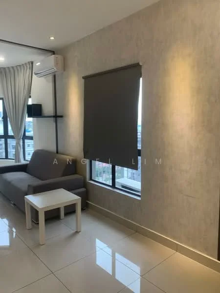 Living features: grey fabric sofa, white coffee table, floor-to-ceiling windows, roller blinds, cream painted walls, recessed downlights, glossy tile flooring, wall-mounted air conditioning unit; style: modern; view: city.