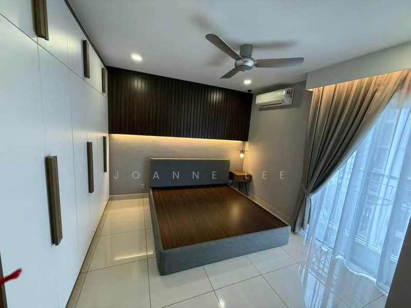 Bedroom features: queen-size bed, upholstered headboard, built-in wardrobe with white finish, wood panel accent wall, recessed downlights, 5-blade ceiling fan, floor-to-ceiling window with sheer curtains, white tiled flooring, air conditioning unit; style: modern.