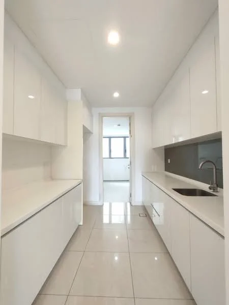 Kitchen features: white glossy cabinetry, white countertop, single-bowl stainless-steel sink, chrome pull-down faucet, grey tile backsplash, large floor tiles, recessed LED downlights, open layout, wall-mounted cabinets, ample storage space; style: modern.