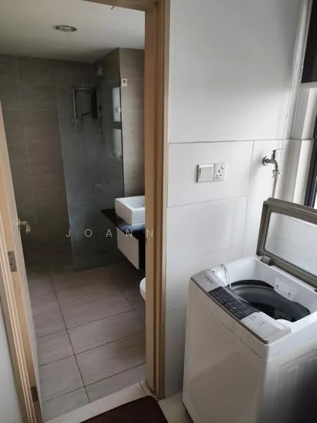 Laundry features: front-load washing machine, tile flooring, neutral wall tiles, light-colored walls, window for natural light; style: modern. Bathroom features: glass shower enclosure, wall-mounted sink, toilet, tile flooring, neutral wall tiles, mirror above sink; style: modern.