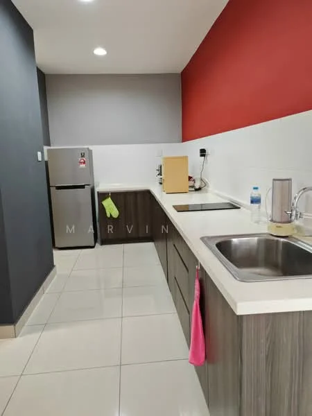 Kitchen features: stainless-steel fridge, single-bowl stainless-steel sink, chrome pull-down faucet, laminate countertop, wood cabinetry in brown, white tiled backsplash, grey painted walls, red accent wall, recessed downlights, ceramic tile flooring; style: modern.