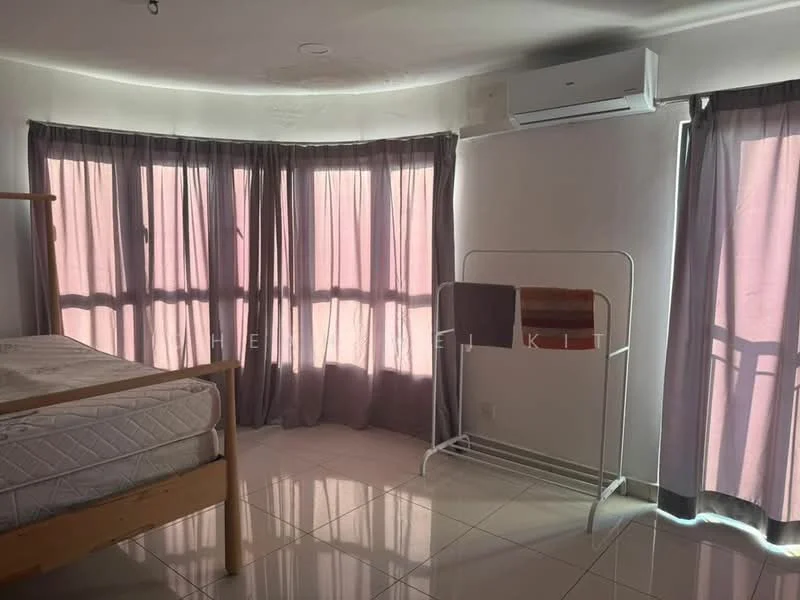 Bedroom features: queen-size bed, wooden bed frame, floor-to-ceiling windows, grey sheer curtains, white walls, glossy tile flooring, 1 wall-mounted split AC, clothes drying rack, decorative wall with indirect lighting; style: modern.