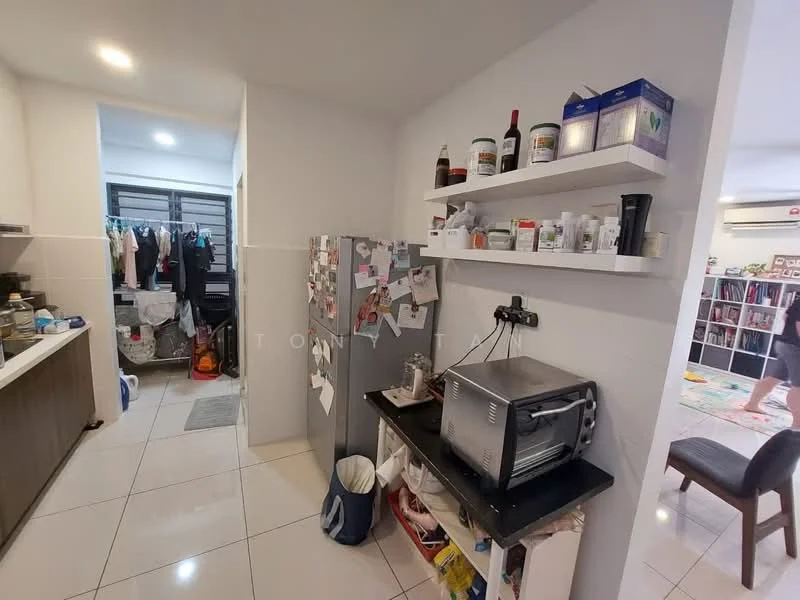 Room features: white painted walls, glossy tile flooring, open shelving, stainless-steel fridge, microwave, laundry area with clothes hanging, kitchen counter, wall-mounted light fixture; style: modern.