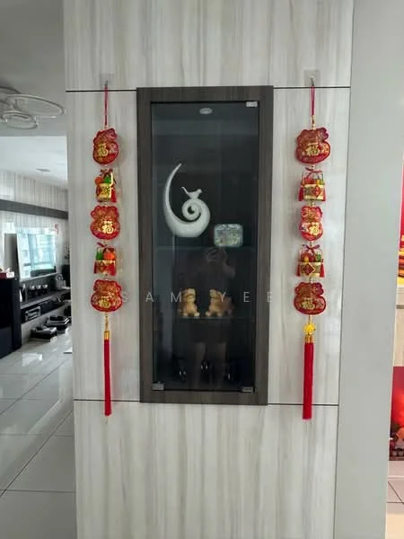 Room features: light grey tiled flooring, white painted walls, wooden display cabinet, decorative ceramic sculpture, red decorative ornaments, two small golden figurines, recessed ceiling lights, modern ceiling design; style: modern.