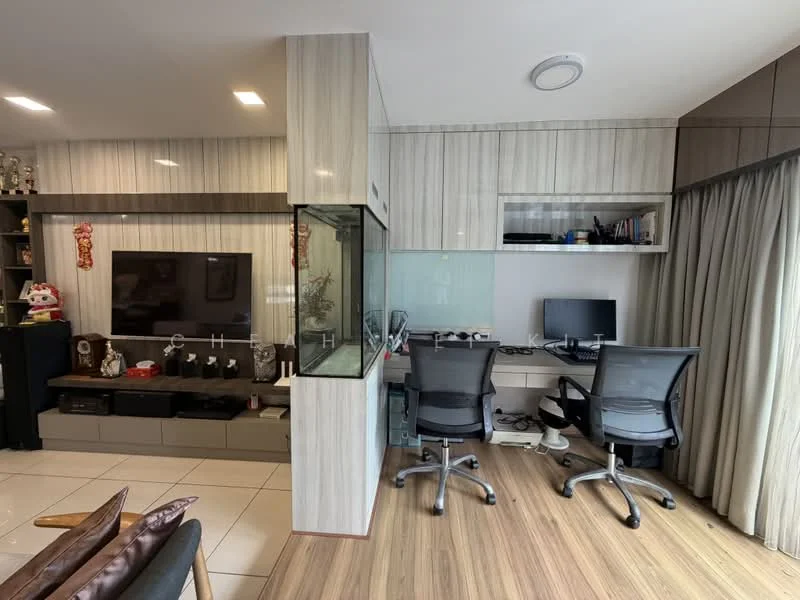 Study features: light wood laminate flooring, grey wall paneling, built-in cabinetry, glass partition, TV console with storage, two office chairs, two computer desks, wall-mounted shelves, decorative items on shelves, curtains, recessed ceiling lights; style: modern.