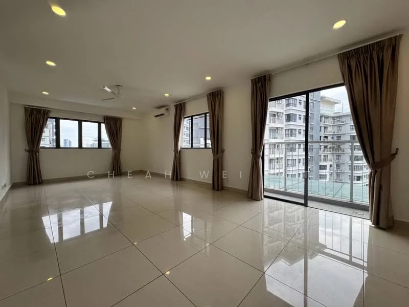 Living features: white painted walls, glossy ceramic tile flooring, 5-blade ceiling fan with light, floor-to-ceiling windows, sliding glass door, sheer curtains, recessed downlights, balcony view of city skyline; style: modern; view: city.