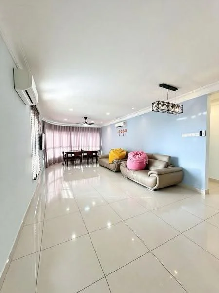 Living features: light grey painted walls, white ceiling with recessed downlights, 2-seater leather sofa in beige, 2 large bean bags in yellow and pink, marble tile flooring, 5-blade ceiling fan, wall-mounted split AC, dining table with chairs, large windows with sheer curtains, decorative wall art, LED pendant light; style: modern.