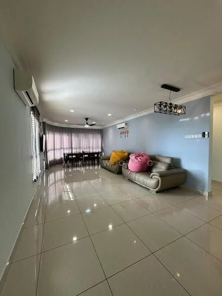 Living features: light grey painted walls, glossy ceramic tile flooring, 5-blade ceiling fan with light, recessed downlights, sofa in beige, two large decorative cushions in pink and yellow, floor-to-ceiling windows with sheer curtains, dining table with chairs visible in the background, air conditioning unit on wall, decorative light fixture; style: modern.