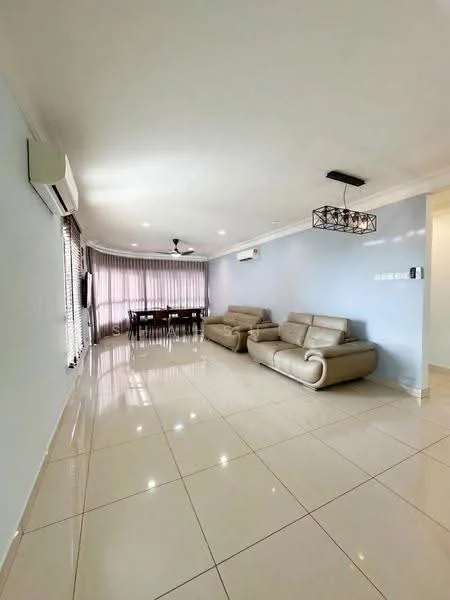 Living features: light grey painted walls, glossy ceramic tile flooring, 5-blade ceiling fan with light, recessed downlights, 2-seater leather sofa in beige, 2-seater leather sofa in beige, wall-mounted TV, dining table with chairs, floor-to-ceiling windows with sheer curtains, air conditioning unit; style: modern.
