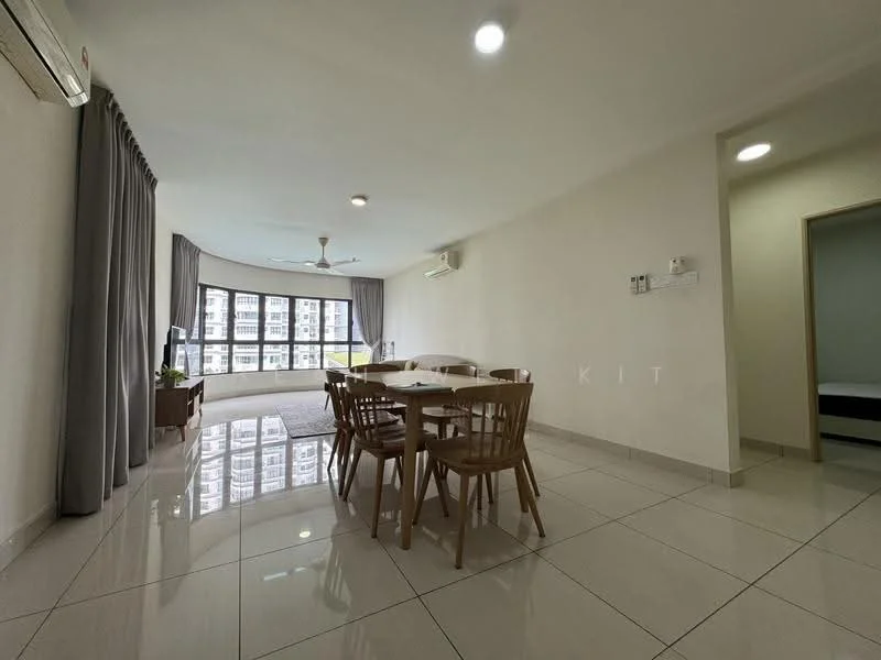 Dining features: 6-seater dining table, wooden dining chairs, floor-to-ceiling windows, curtains, white painted walls, polished ceramic tile flooring, ceiling fan, air conditioning unit, decorative wall with light, open layout, natural light, view of the city skyline; style: modern; view: city. Room features: white painted walls, polished ceramic tile flooring.