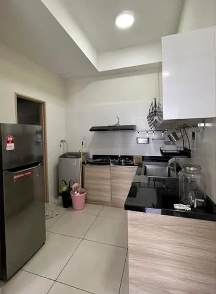 Kitchen features: stainless-steel fridge, black granite countertop, wood cabinetry, built-in gas stove, exhaust hood, double-bowl stainless-steel sink, wall-mounted shelves, ceramic tile flooring, recessed ceiling lights, grey backsplash, kitchen utensils, cleaning supplies; style: modern.
