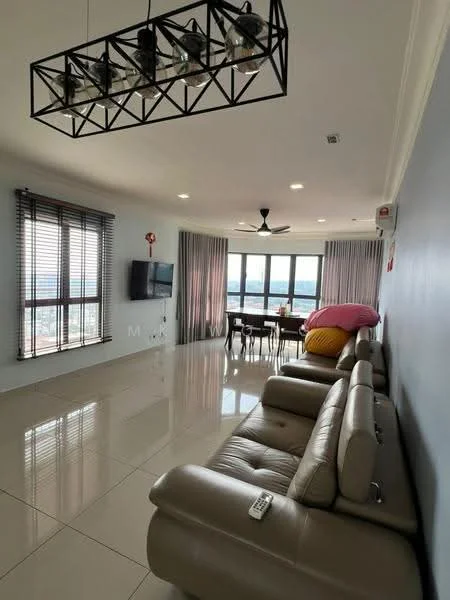 Living features: cream painted walls, glossy tile flooring, 5-blade ceiling fan with light, recessed downlights, large floor-to-ceiling windows, sheer curtains, grey fabric sofa, coffee table, dining table with chairs, decorative wall clock, wall-mounted TV, area rug; style: modern; view: city.