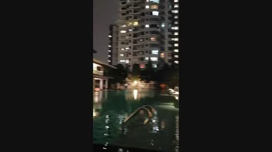 Exterior type: high-rise condominium; features: swimming pool, pool deck with loungers, landscaped garden, night lighting, surrounding high-rise buildings, water feature, outdoor dining area; style: modern.