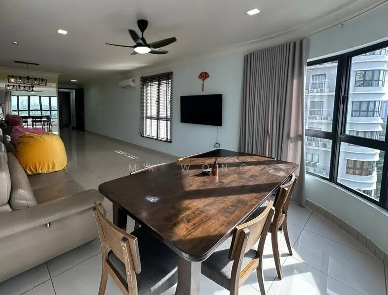Dining features: wood dining table, 4 wooden dining chairs, floor-to-ceiling windows, grey curtains, white walls, recessed downlights, tile flooring, ceiling fan; style: modern; view: city. Living features: 3-seater fabric sofa in beige, bean bag chair, wall-mounted TV, light grey walls, window with blinds, air conditioning unit; style: modern; view: city.
